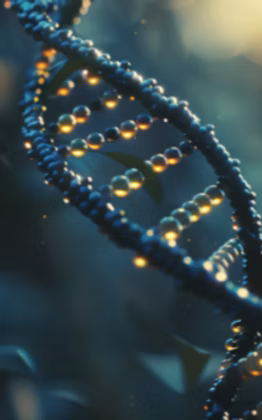 Close-up of a DNA double helix structure with glowing beads, symbolizing genetic testing and insights into health optimization.