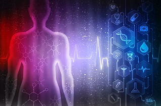 Abstract representation of a human silhouette with colorful gradients, featuring health-related icons and a heartbeat line, symbolizing hormone replacement therapy and wellness.