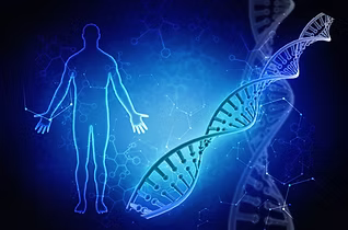 Silhouette of a human figure with outstretched arms and a blue DNA double helix, representing bio-identical hormone therapy and personalized health solutions for hormonal balance.